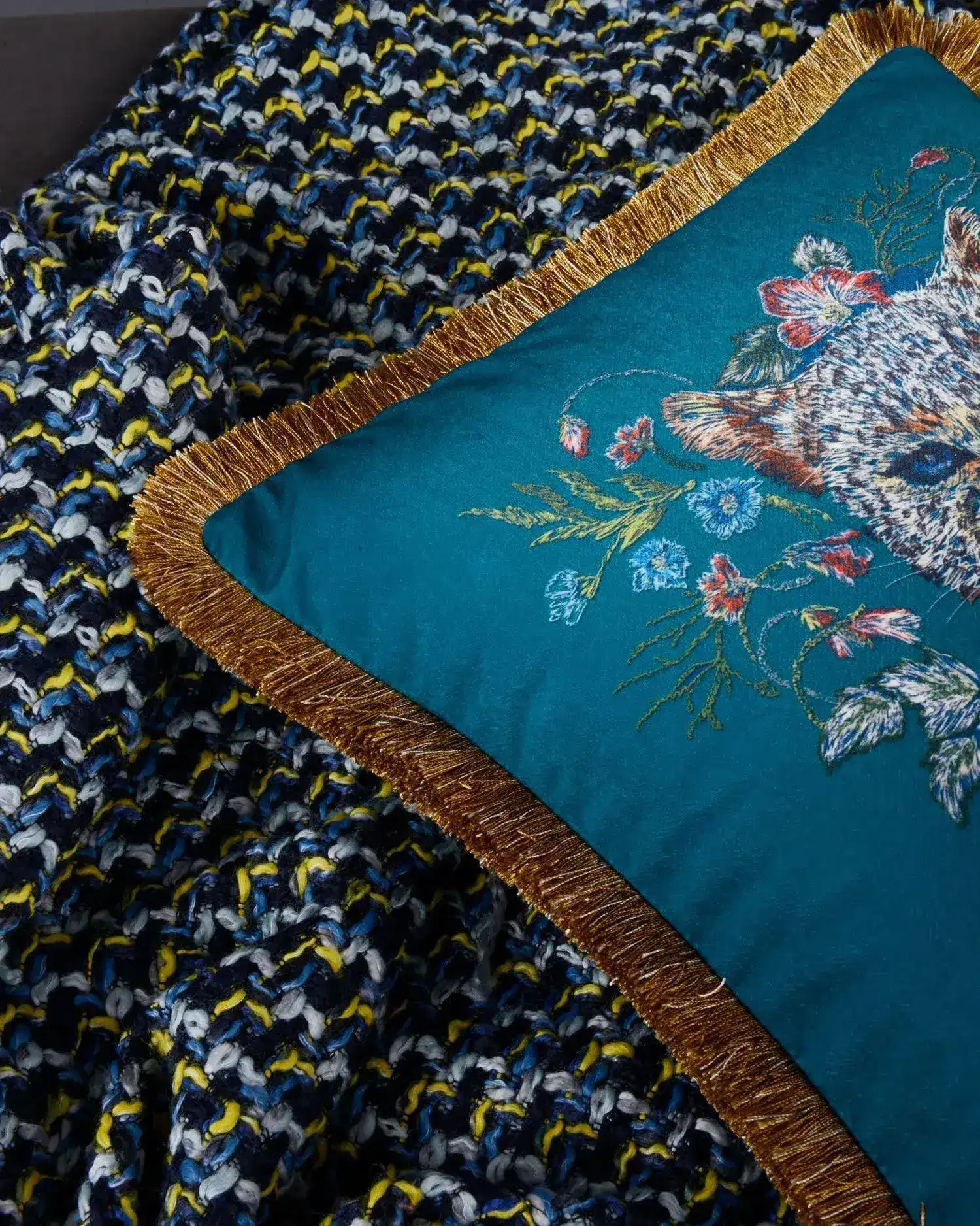 Roaring Leopard Floral Velvet Throw Cushion Cover with Fringe - Image 7