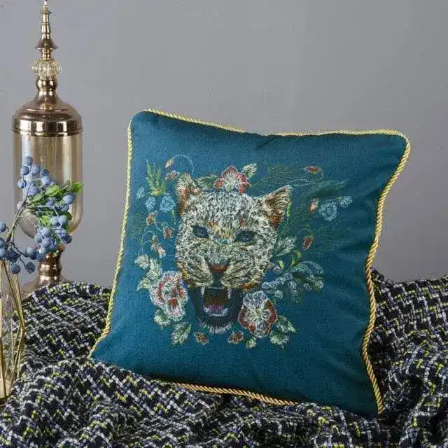 Roaring Leopard Floral Velvet Throw Cushion Cover with Fringe - Image 9