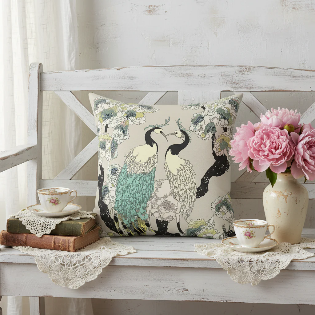 Romantic Cranes in Bloom Throw Pillow - Image 3