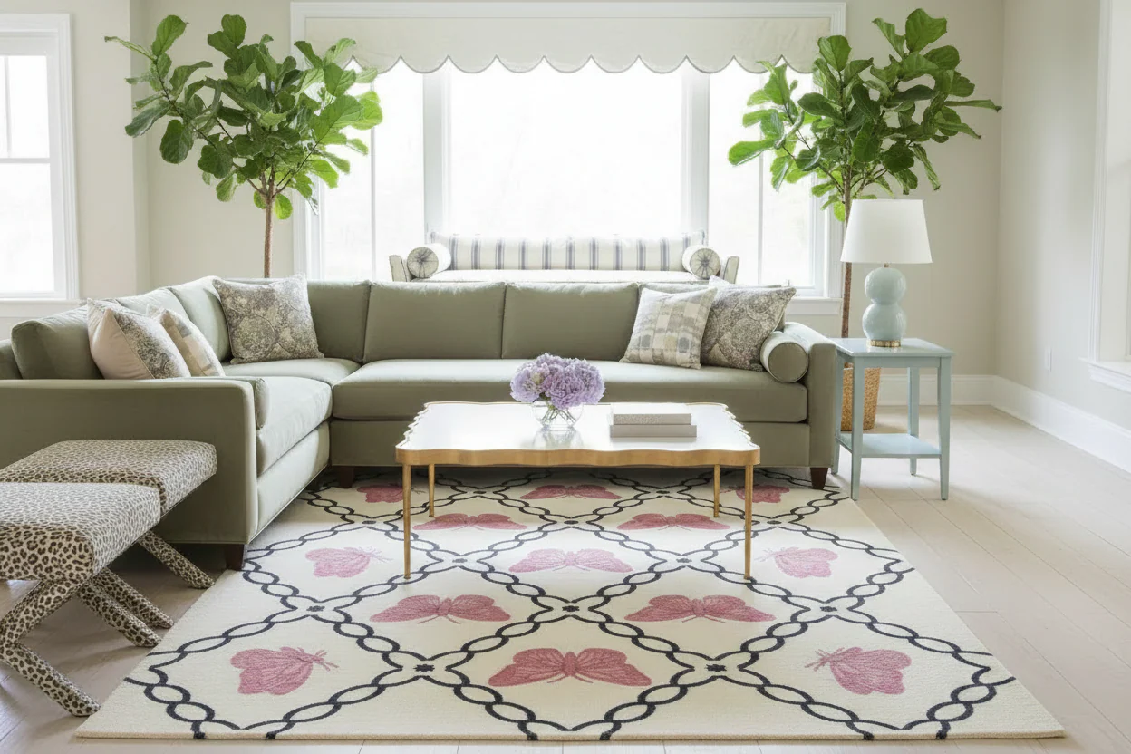 Rose Butterfly Trellis Hand Tufted Wool Rug - Image 2