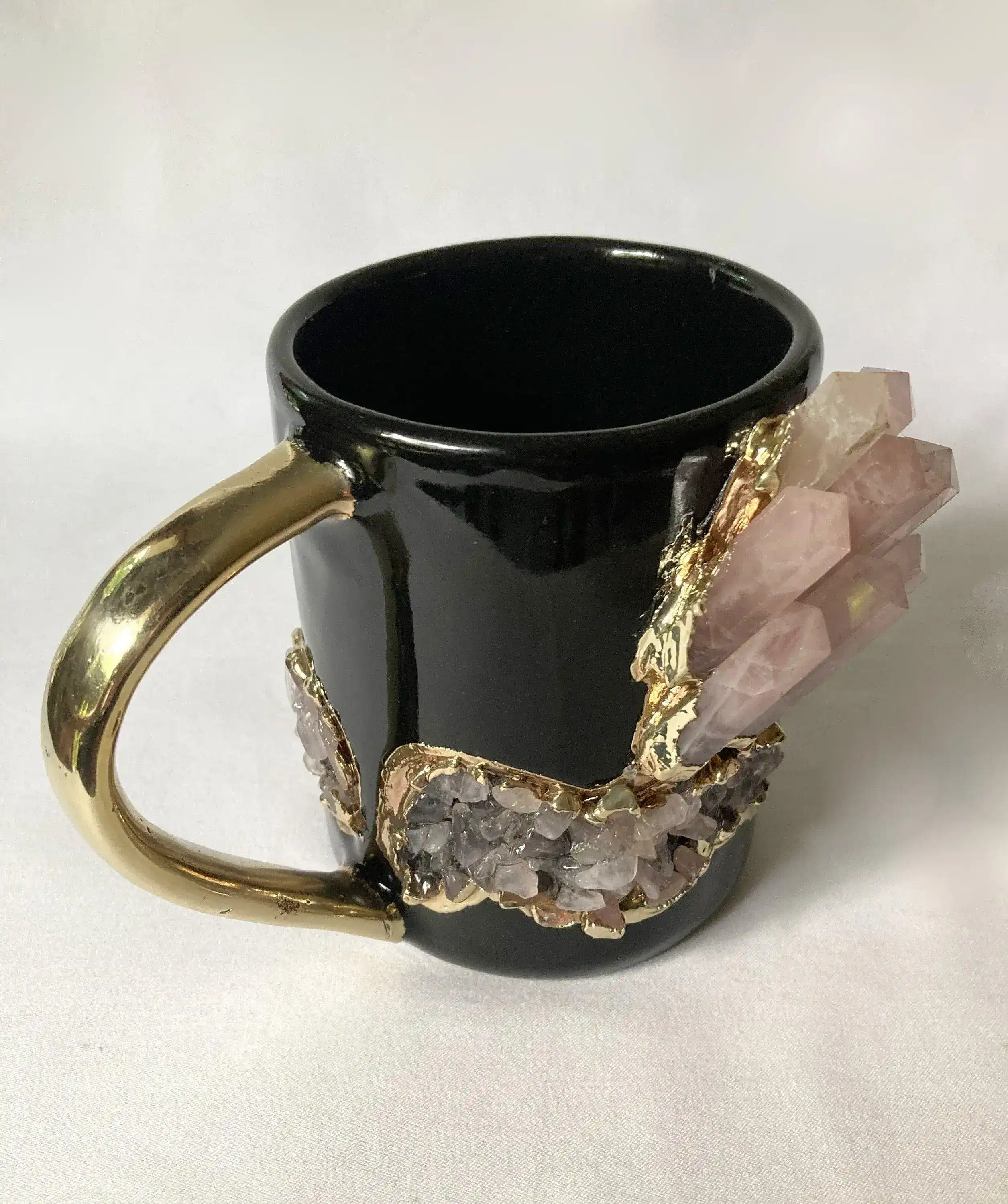 Rose Quartz Crystal Black Ceramic Mug with Gold Handle - Image 4