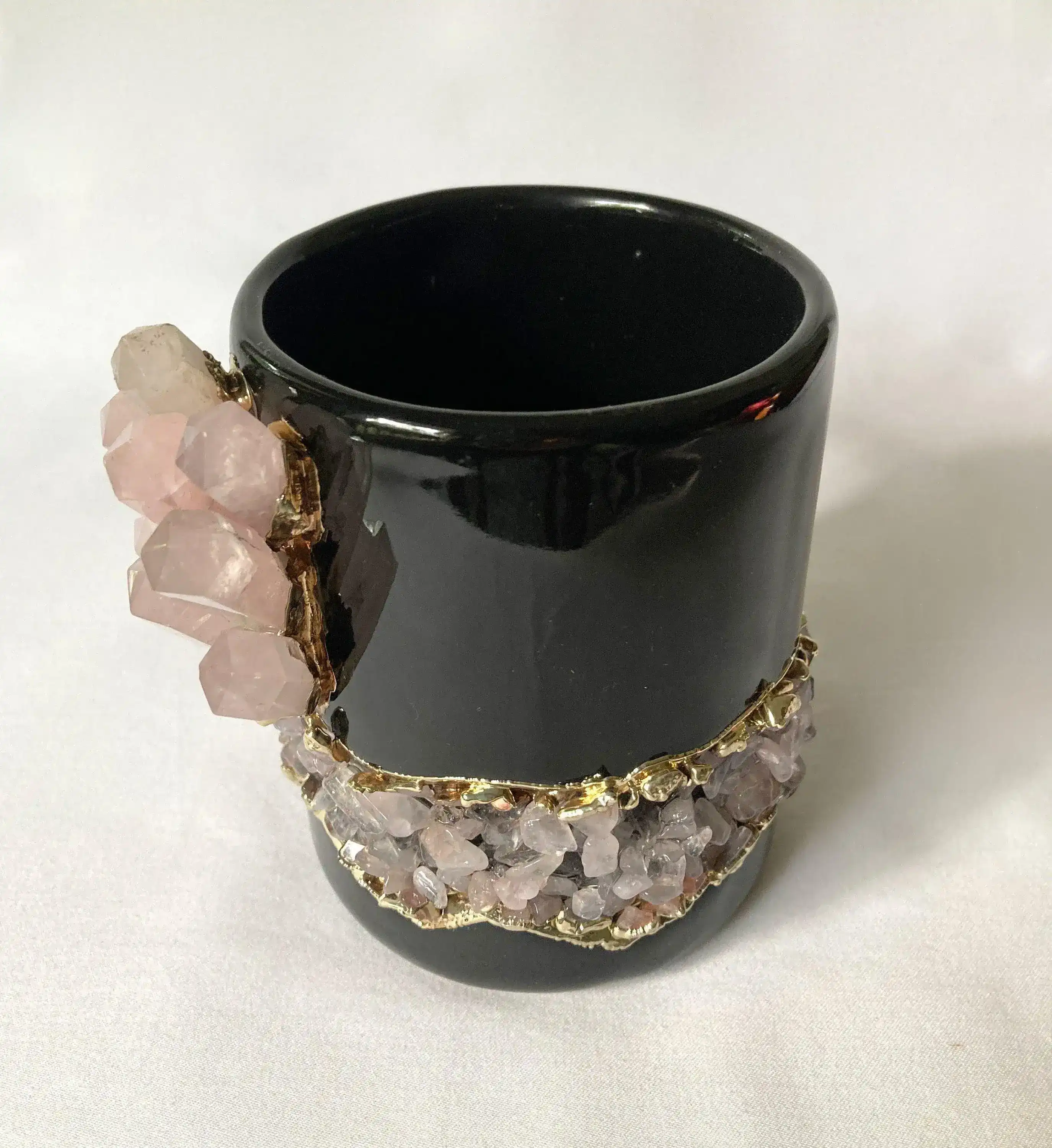 Rose Quartz Crystal Black Ceramic Mug with Gold Handle - Image 5