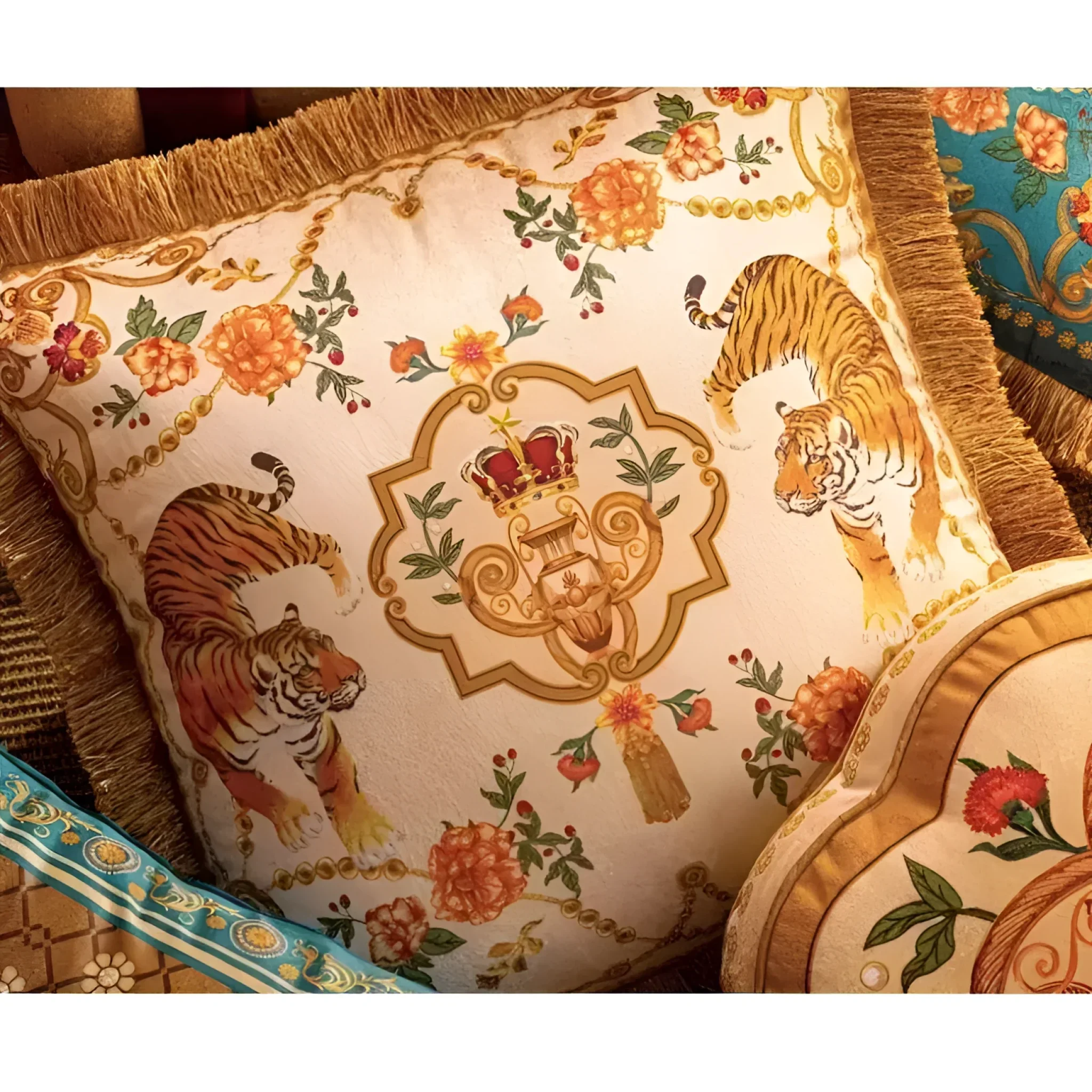 Rosy Asian Tigers Floral Throw Pillow Cover with Golden Fringes - Image 2