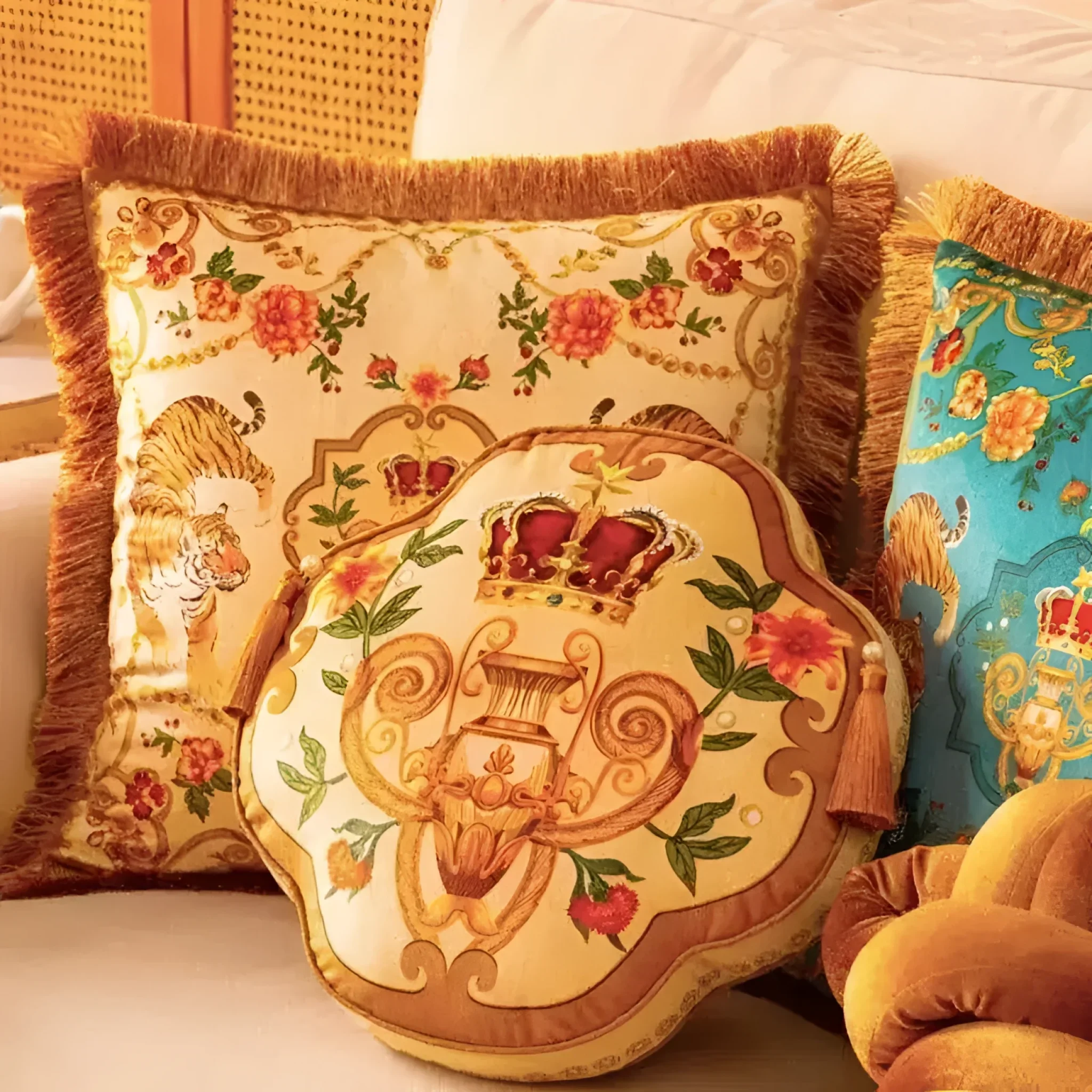 Rosy Asian Tigers Floral Throw Pillow Cover with Golden Fringes - Image 4