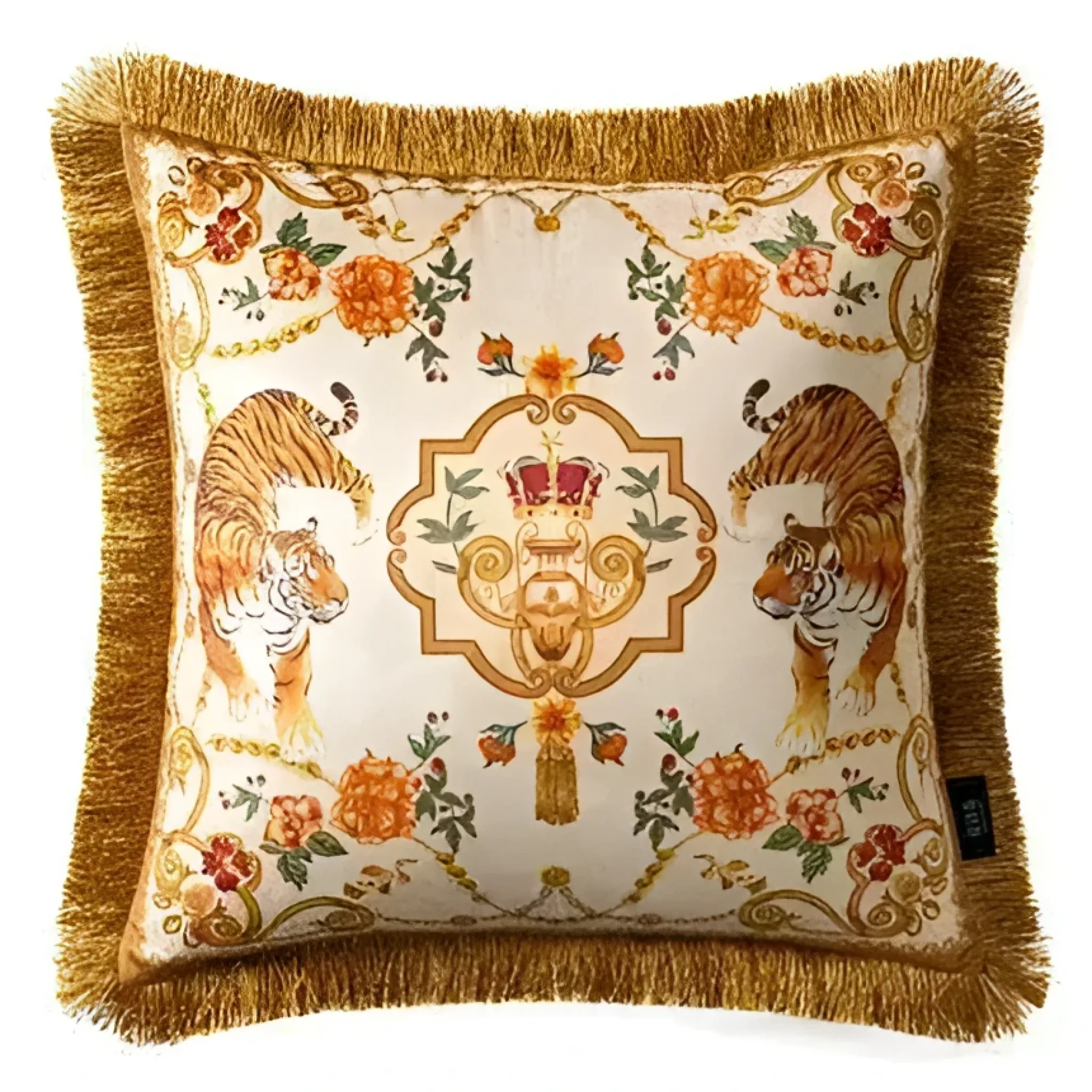 Rosy Asian Tigers Floral Throw Pillow Cover with Golden Fringes - Image 7