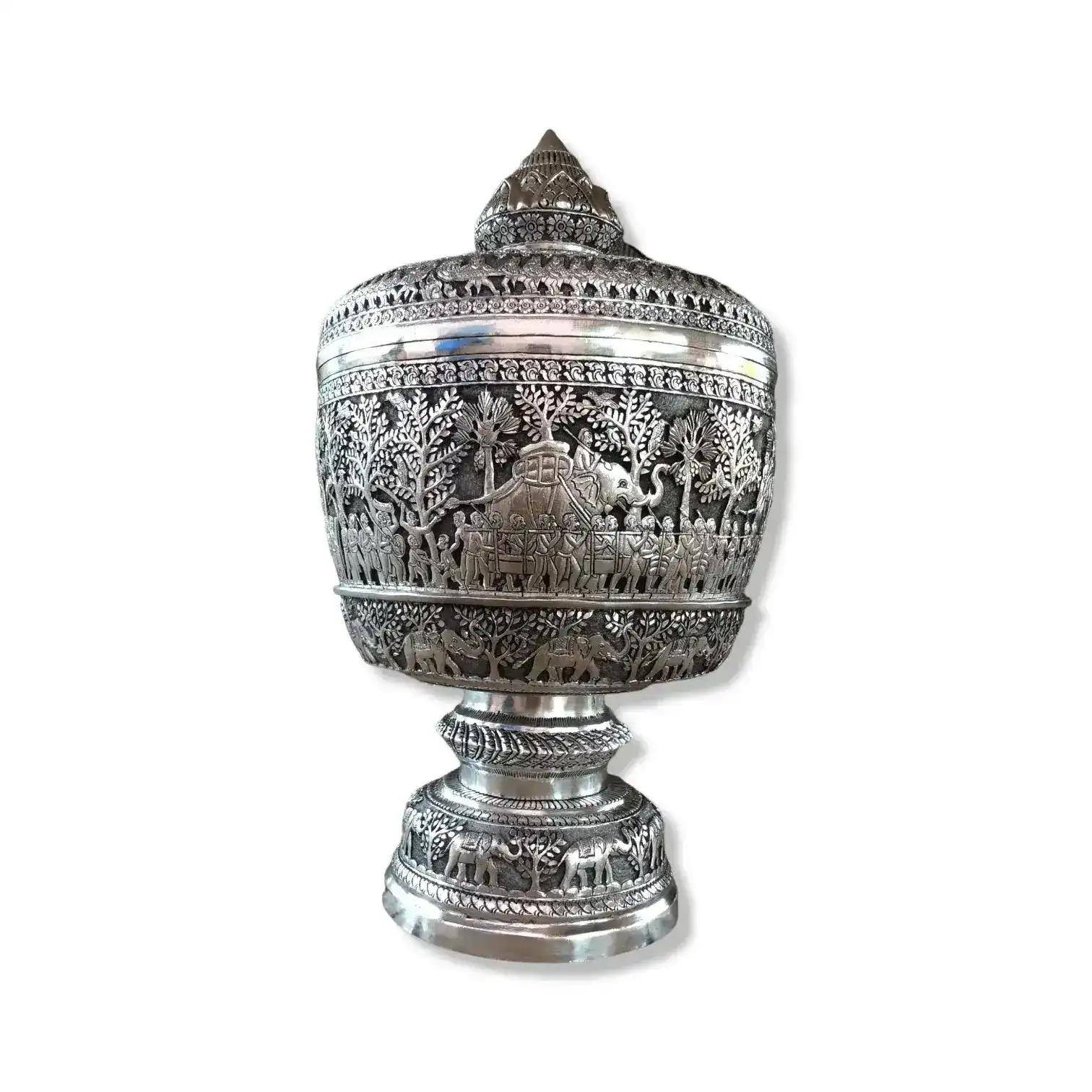 Royal Solid Silver Niello Bowl on Pedestal with Lotus Lid - Image 4