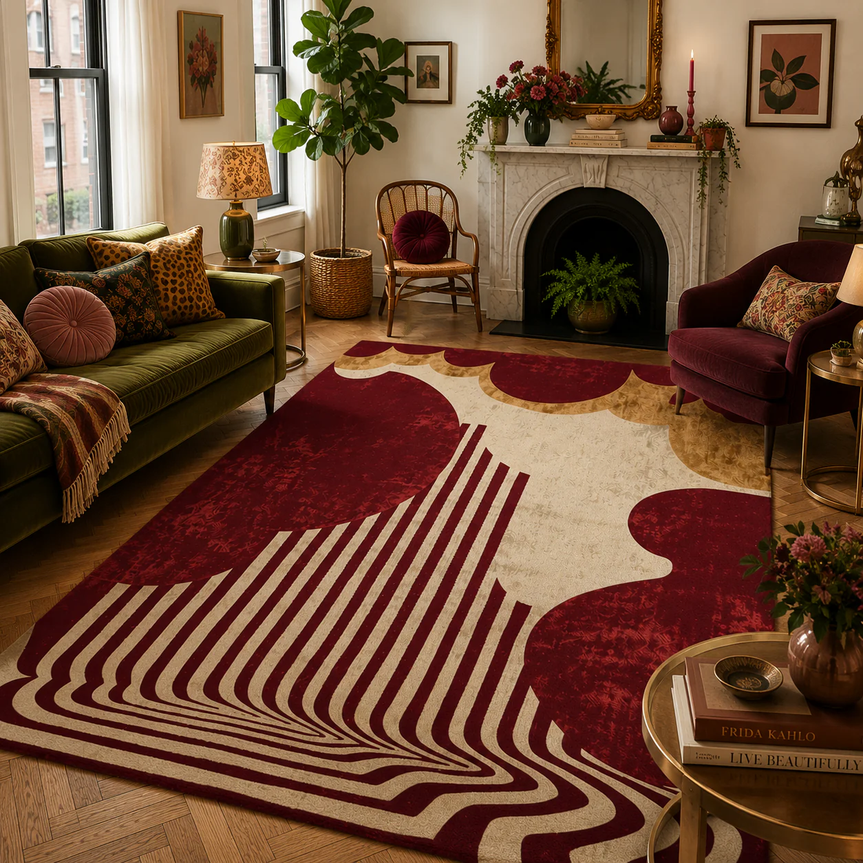 Ruby Red and Gold Striped Hand Tufted Rug  - Image 2