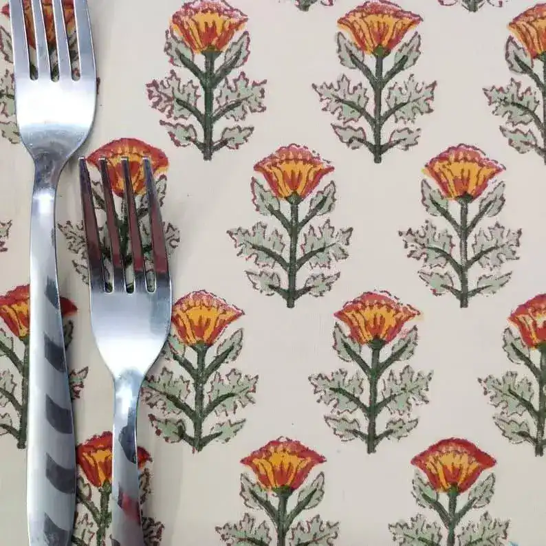 Sage Green Block Printed Flower Scalloped Placemats - Image 3