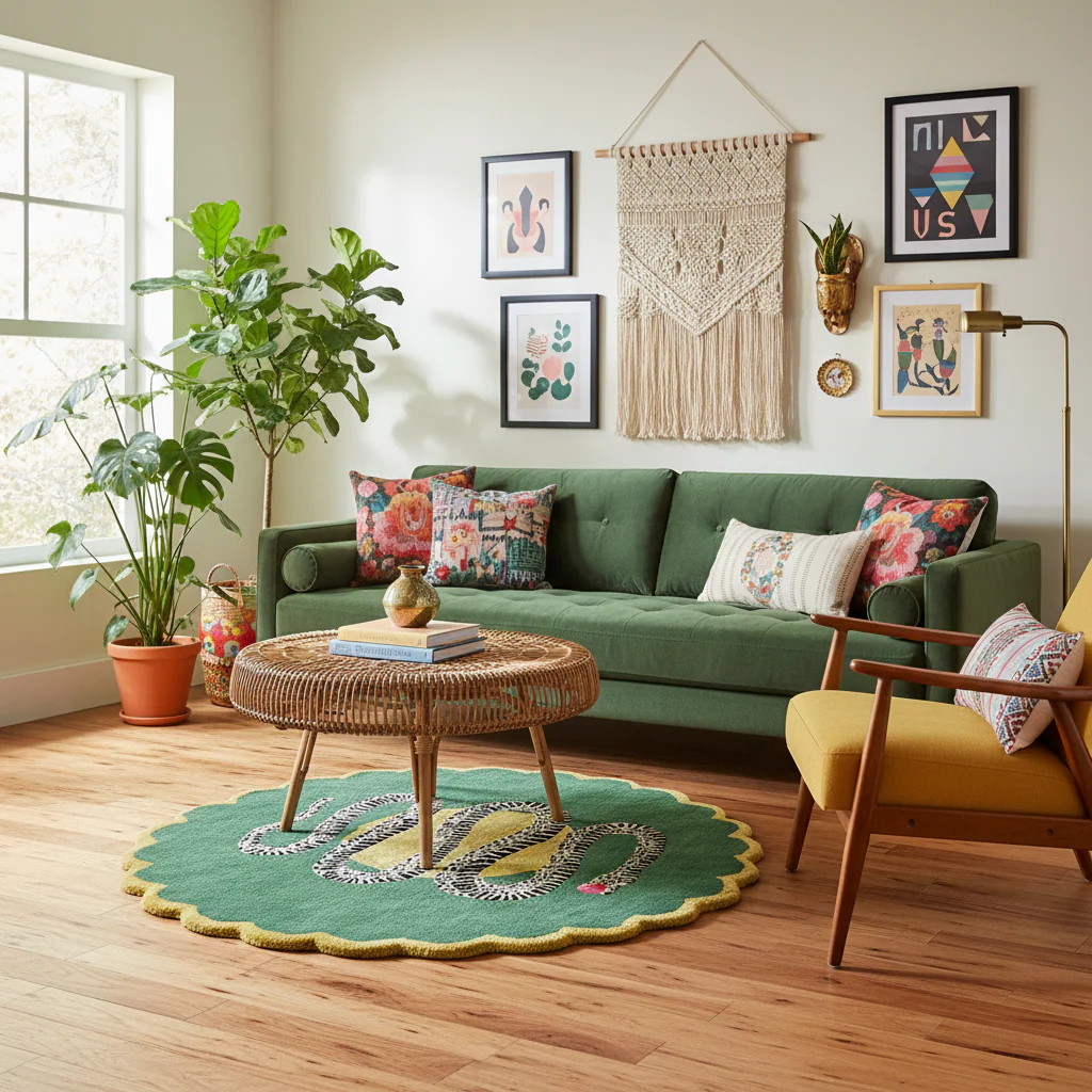 Scalloped Green Snake and Apple Round Hand Tufted Wool Rug - Image 20