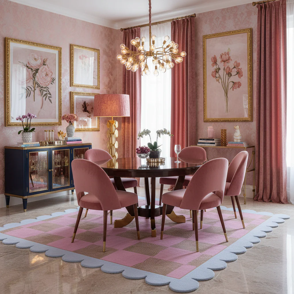 Scalloped Leaf Checker Pink Hand Tufted Rug - Image 3