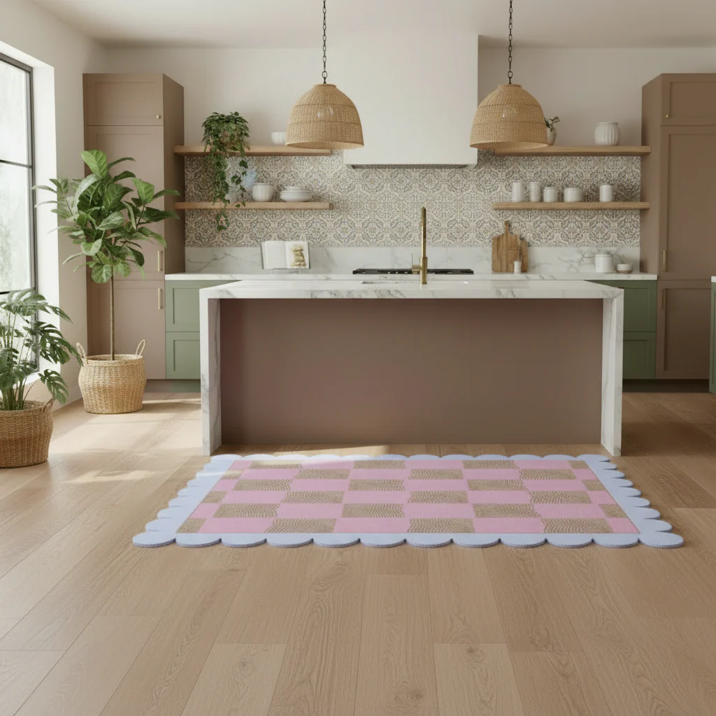 Scalloped Leaf Checker Pink Hand Tufted Rug - Image 5