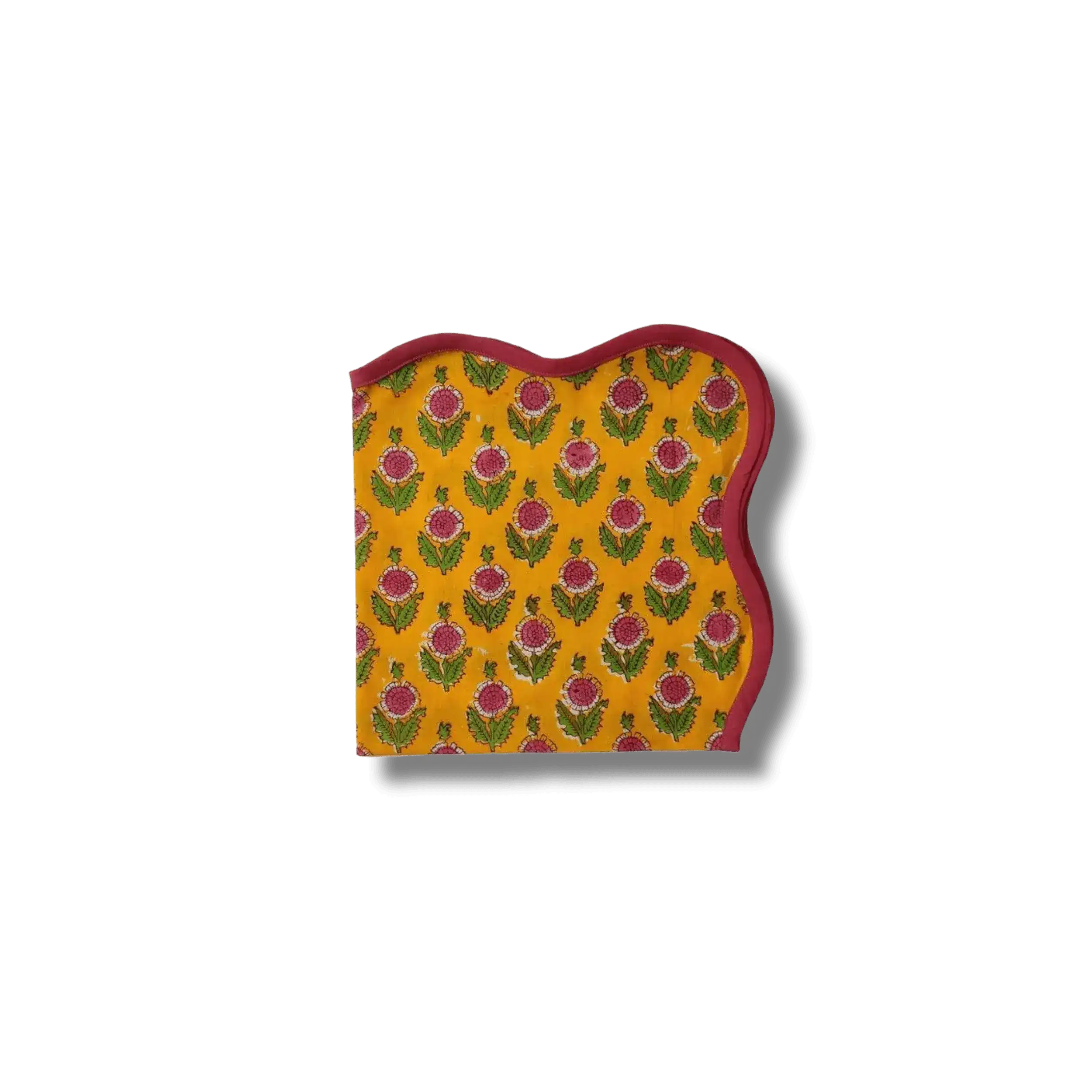 Scalloped Pink Flowers Yellow Block Printed Cotton Napkins - Image 3