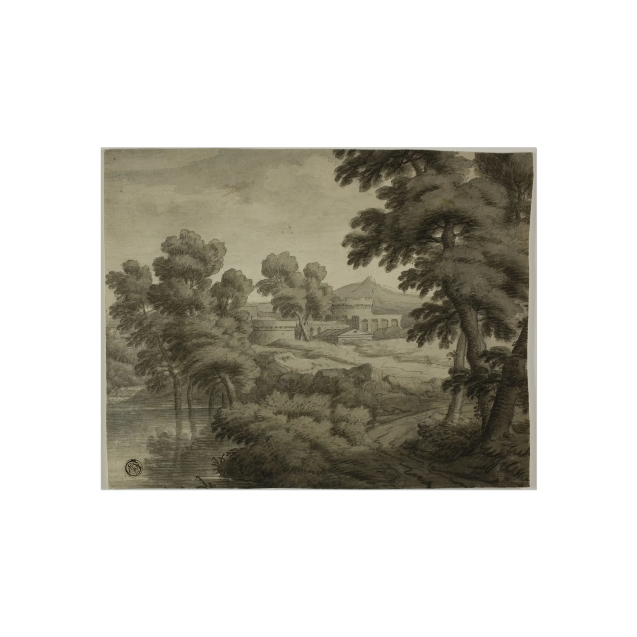 School of Nicolas Poussin - Italianate Landscape with Castle, Trees and Water in Foreground | Fine Art Poster