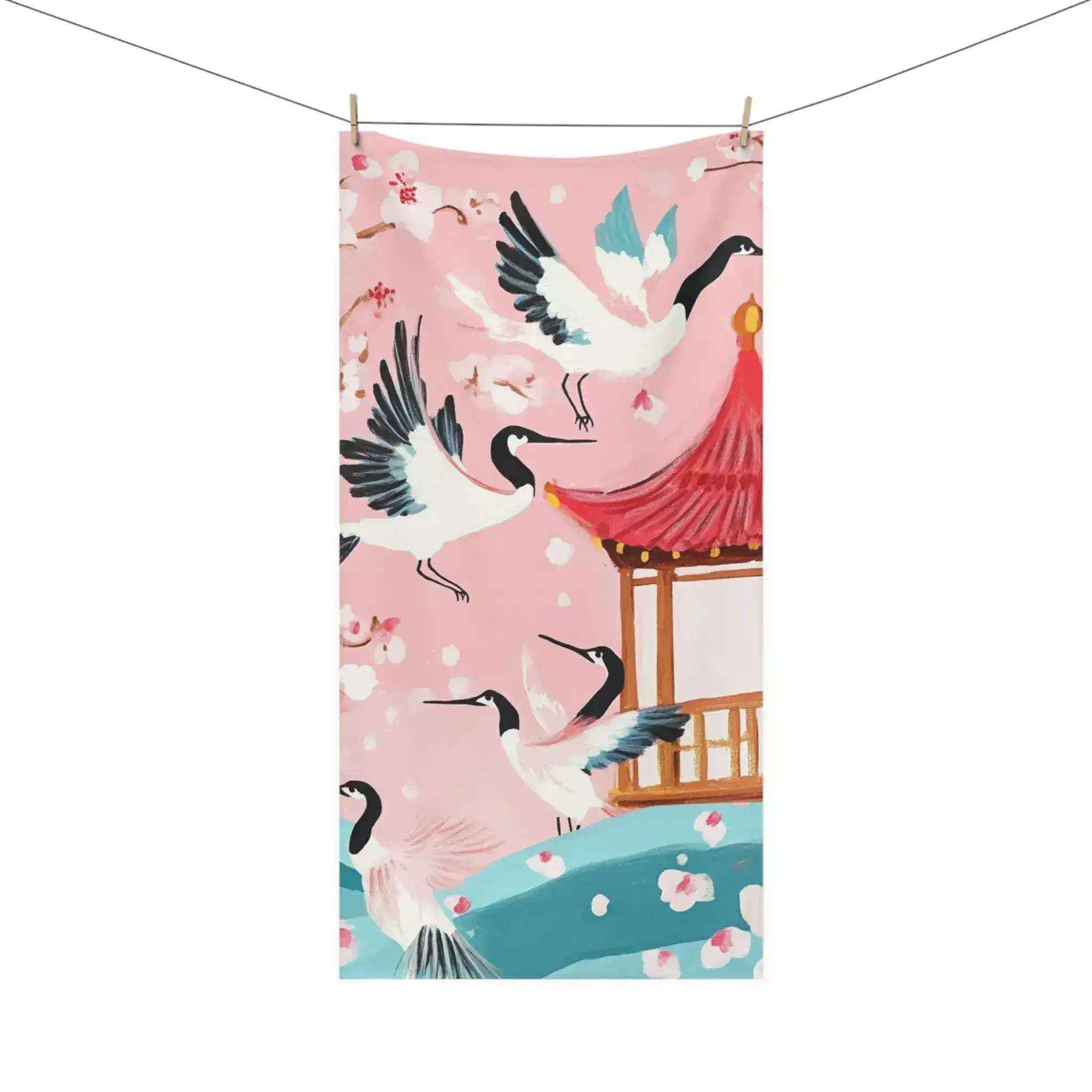 Serene Crane and Blossom Pavilion Bath Towel - Image 3