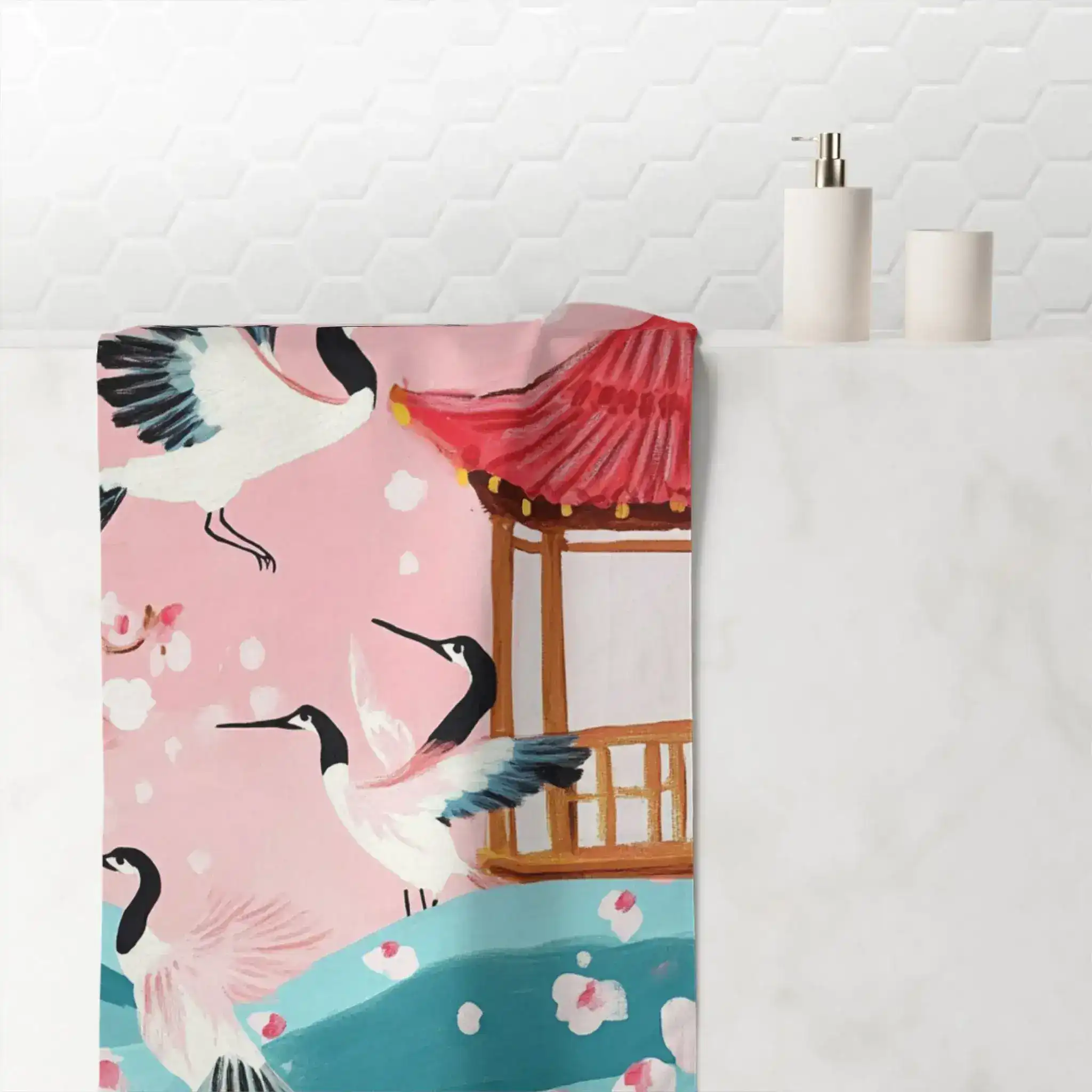 Serene Crane and Blossom Pavilion Bath Towel - Image 4