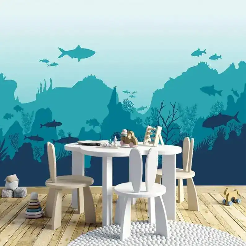 Sharks in the Blue Underwater Nursery Wall Mural - Image 5