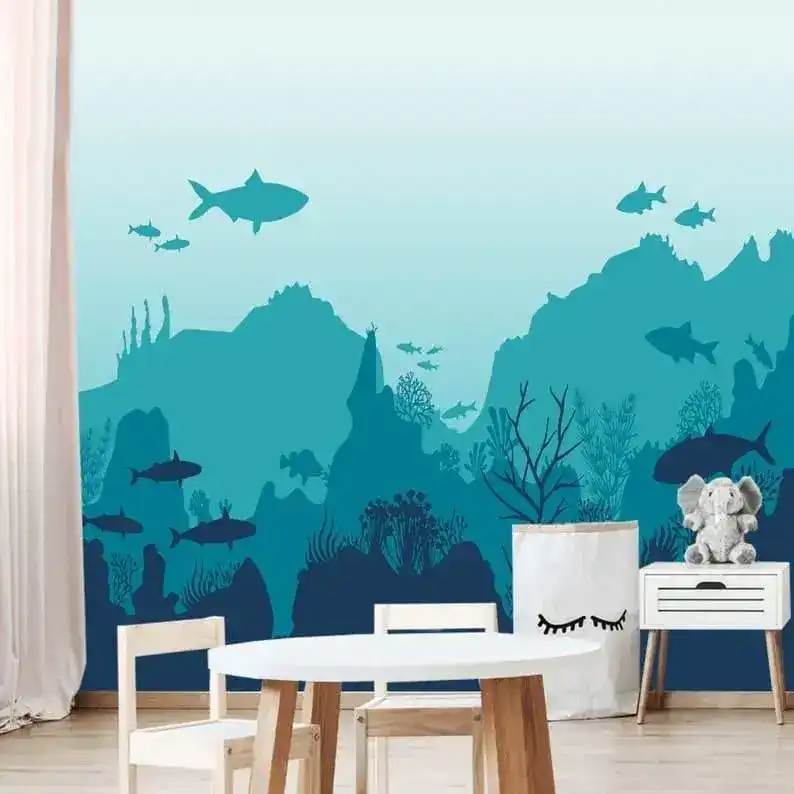 Sharks in the Blue Underwater Nursery Wall Mural - Image 6