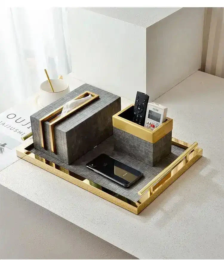 Sleek Brass and Faux Croc Leather Tissue Box - Image 10