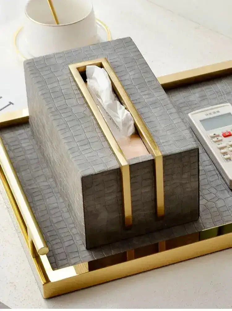 Sleek Brass and Faux Croc Leather Tissue Box - Image 6