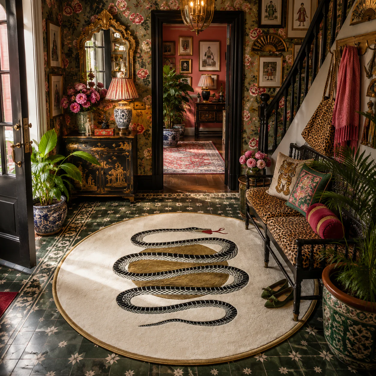 Snake and Apple Green Gold Round Hand Tufted Wool Rug - Image 10