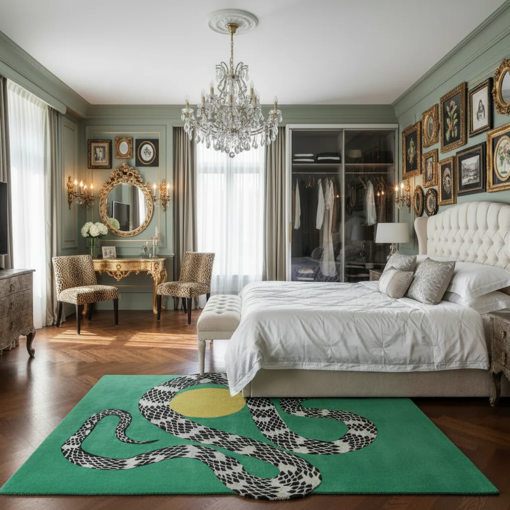 Snake and Sun Green Hand Tufted Wool Rug - Image 4