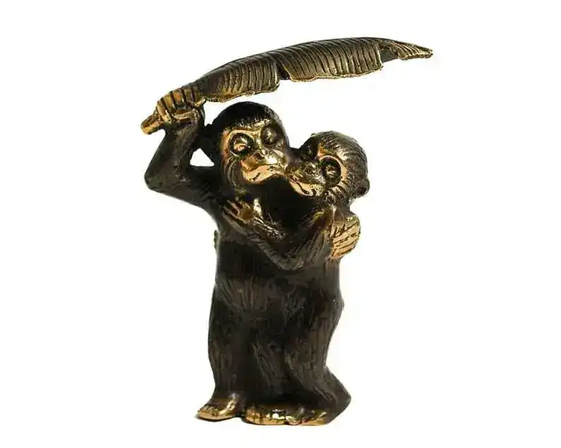 Solid Brass Two Funny Monkey Under Banana Leaf Figurine - Image 2