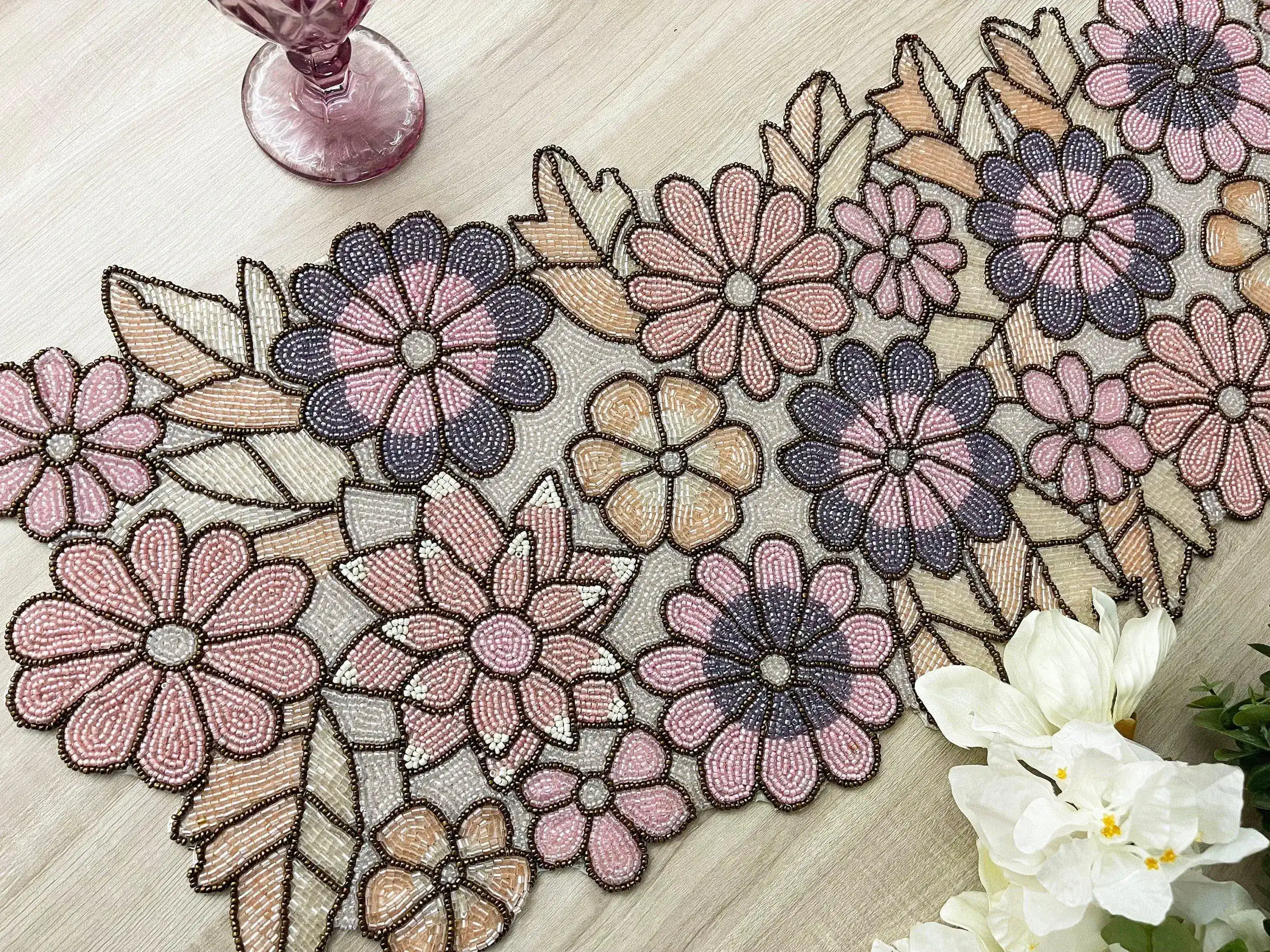Spring Floral Garden Beaded Table Runner - Pink - Image 3