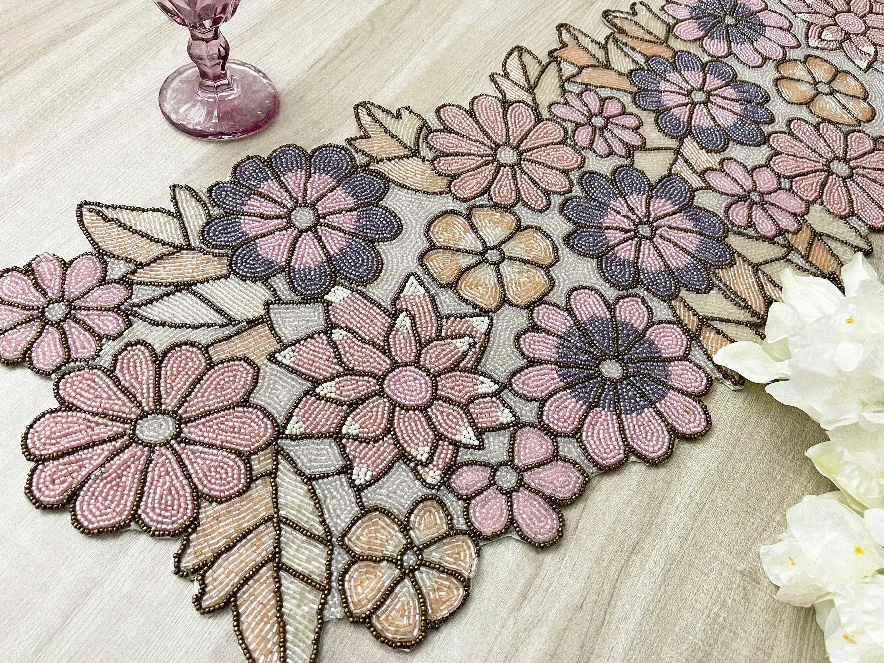 Spring Floral Garden Beaded Table Runner - Pink - Image 4