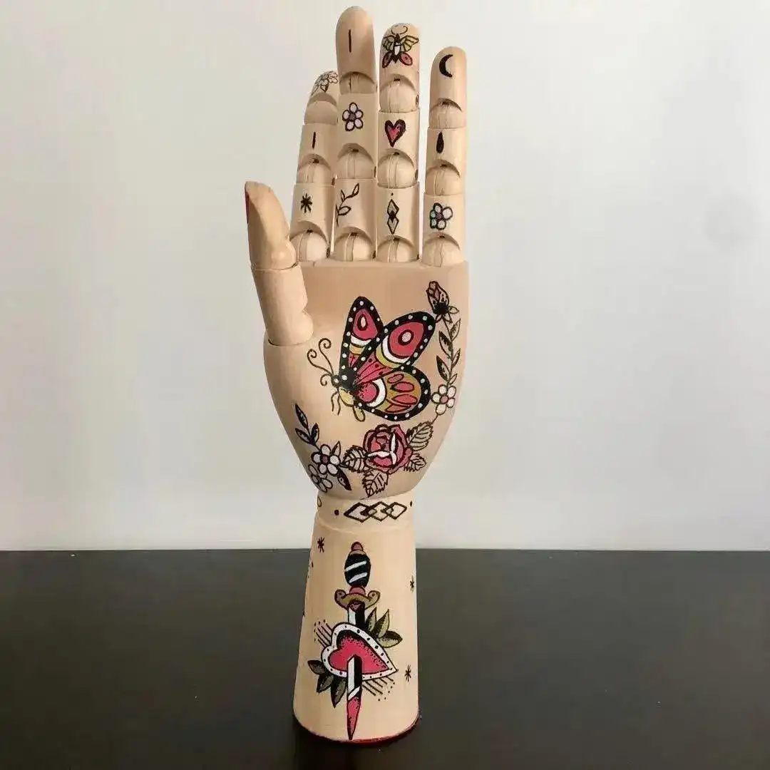 Tattooed Wooden Movable Joint Hand Decor - Image 16