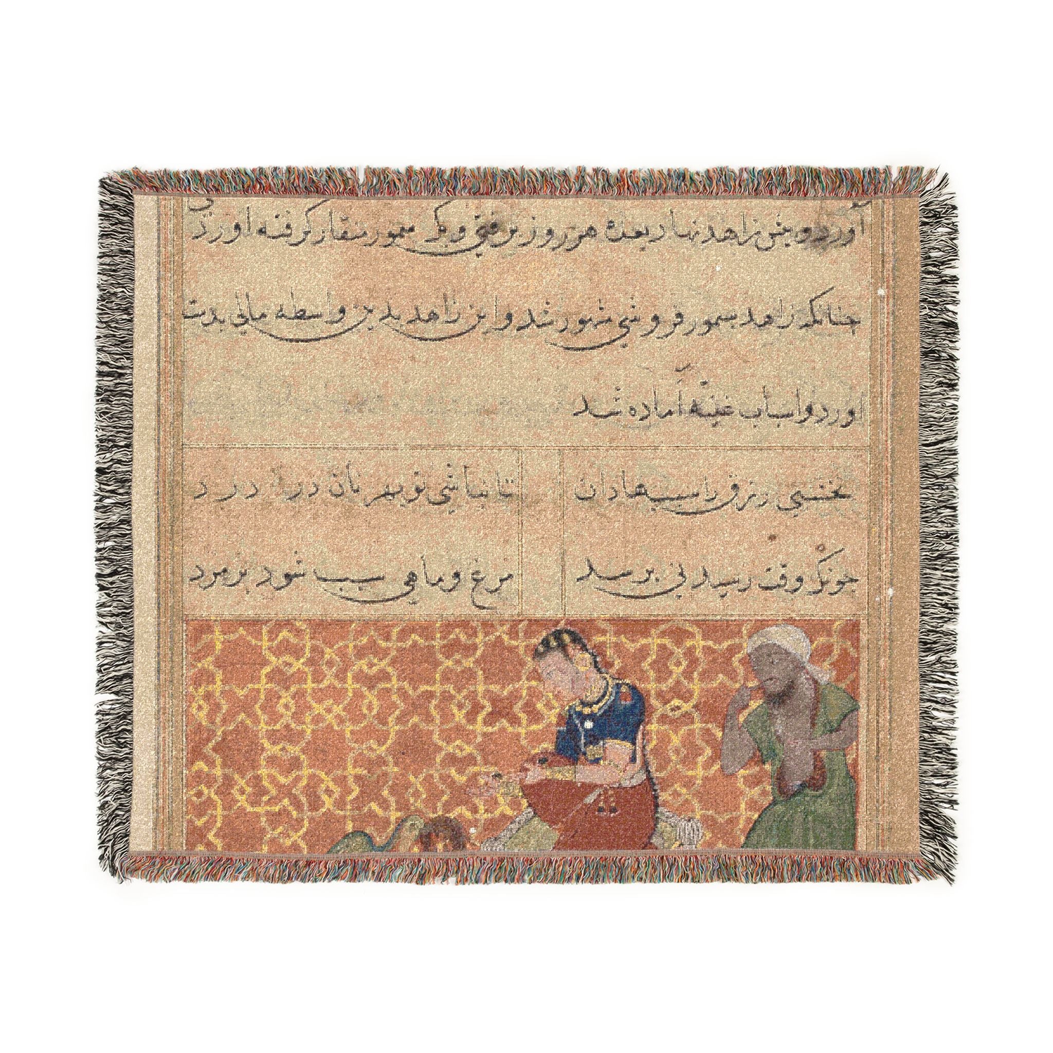 The bird of seven colors brings a sable to the pious man, from a Tuti-nama (Tales of a Parrot): Fifty-second Night Woven Throw Blanket