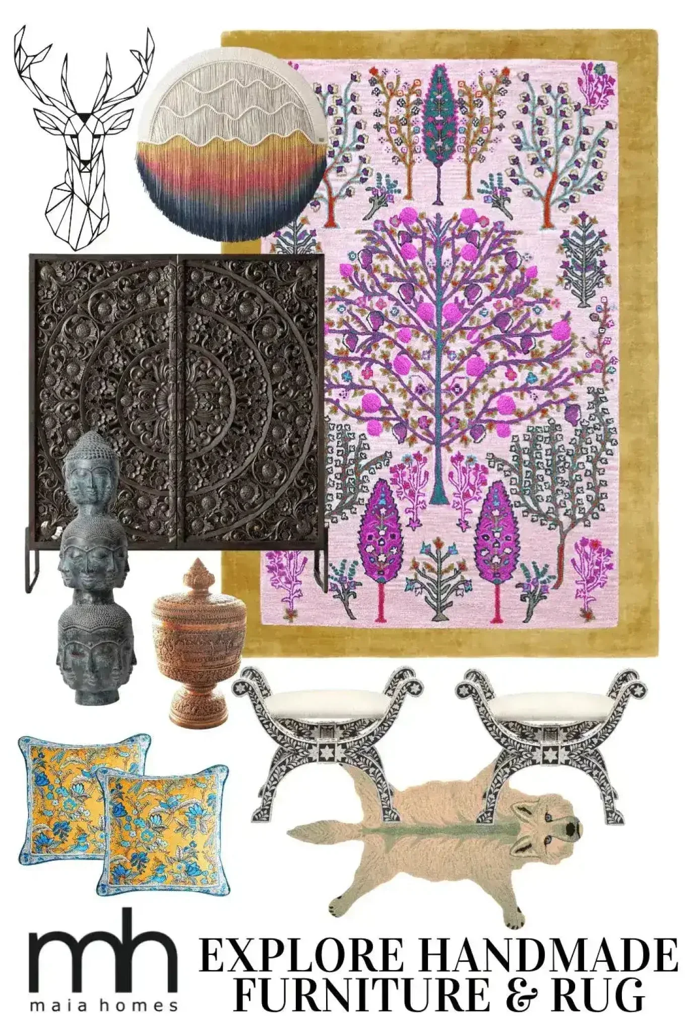 Tree of Life Pink Mustard Hand Tufted Wool Rug - Image 4