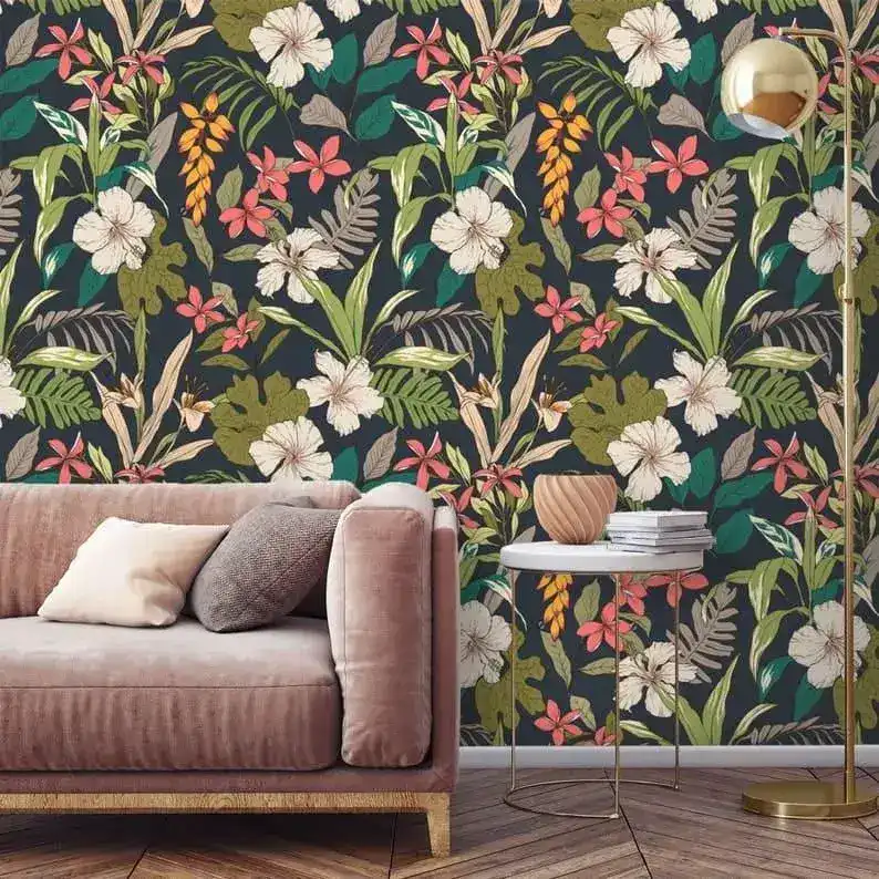 Tropical Bright Flowers and Leaves Textured Tropical Wallpaper - Image 4