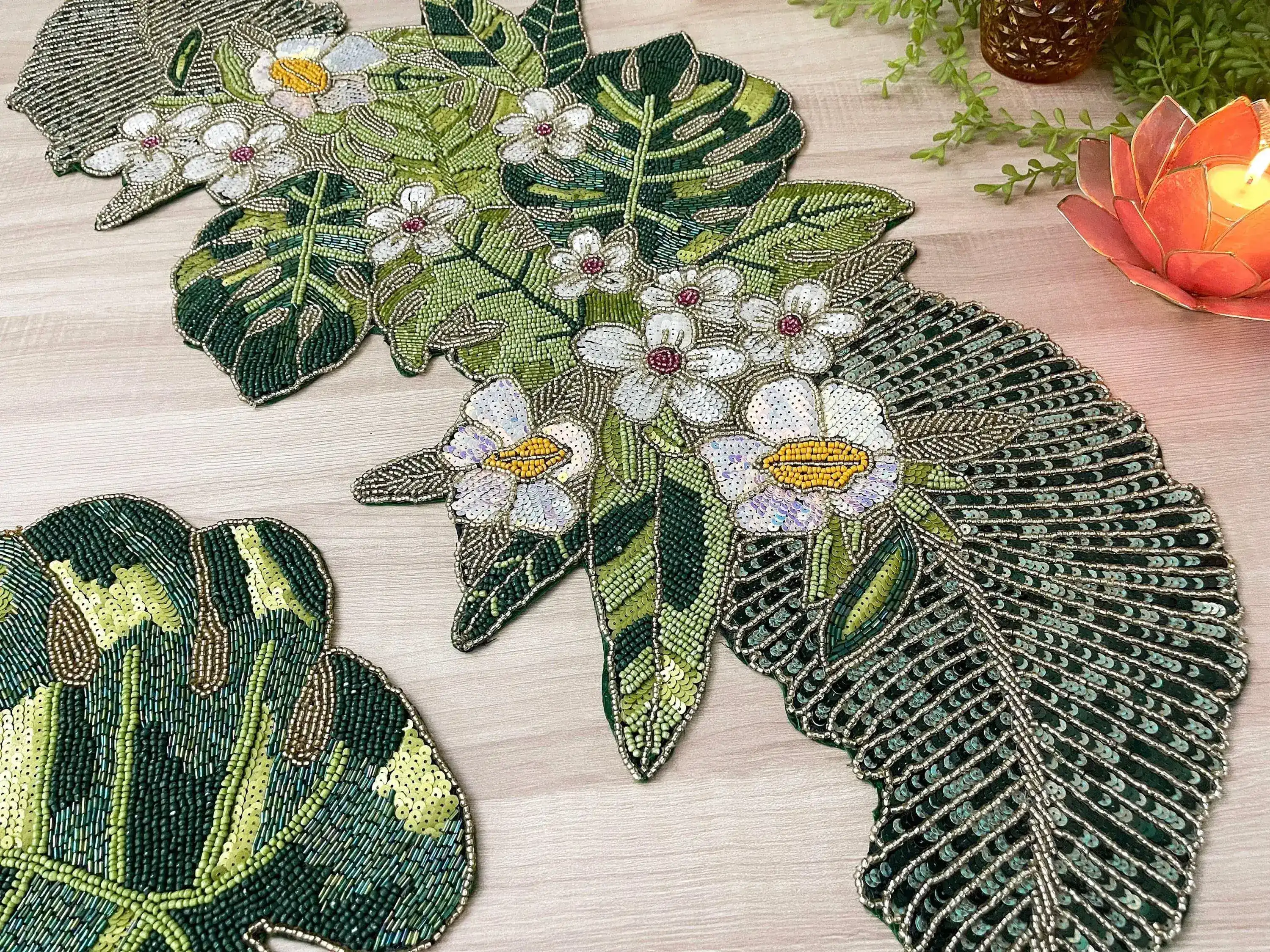 Tropical Leaf and Flower Beaded Table Runner - Image 3