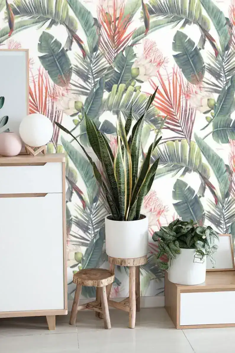 Tropical Paradise Floral and Banana Leaves Wallpaper - Image 2