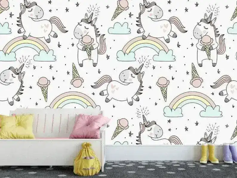 Unicorn Rainbow and Ice Cream Nursery Wallpaper