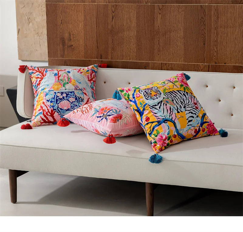 Vibrant Regal Tiger Pillow Cover with Blue colored Tassels - Image 3