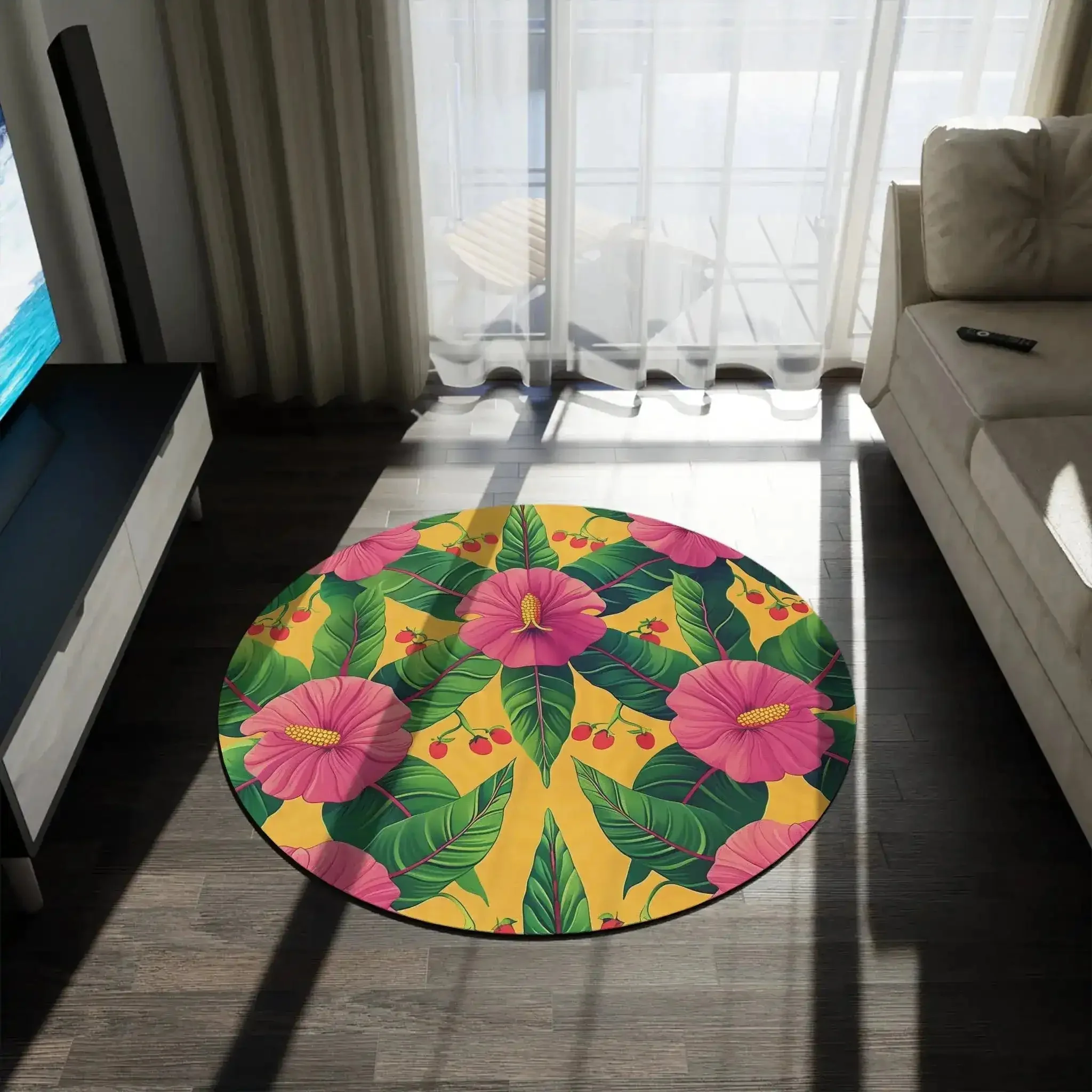 Vibrant Tropical Hibiscus and Cherry Floral Round Rug - Image 4