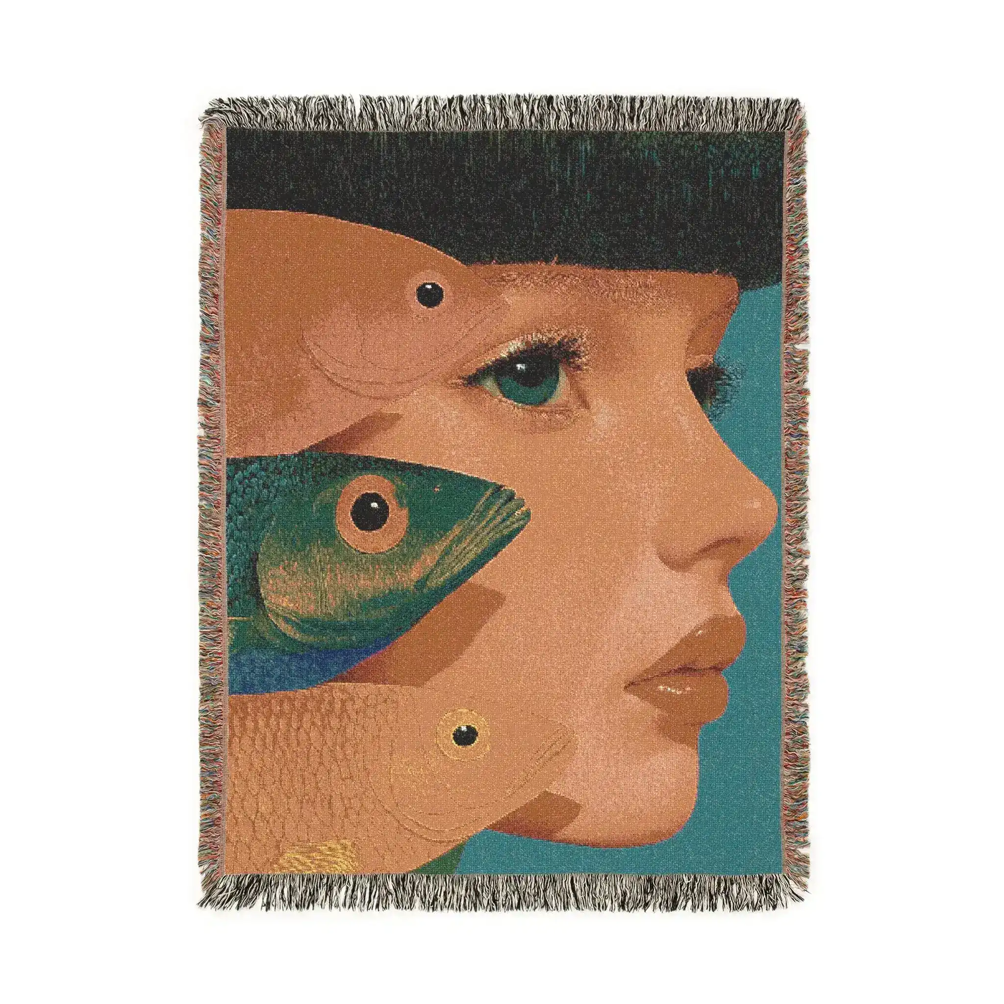 Vibrant Vision Surreal Girl & Multicolor Fish Art Woven Blanket - Image 3