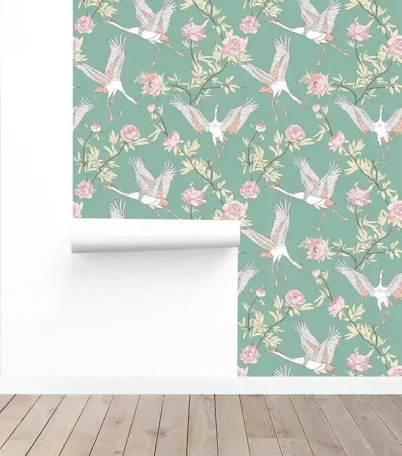 Vintage Flying Herons and Floral Wallpaper - Image 6