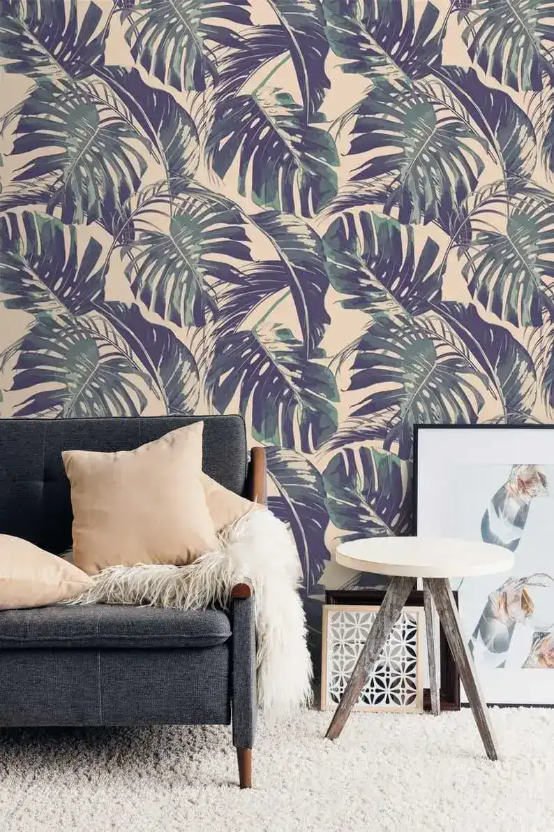 Vintage Purple Monstera Palm Leaves Wallpaper - Image 2