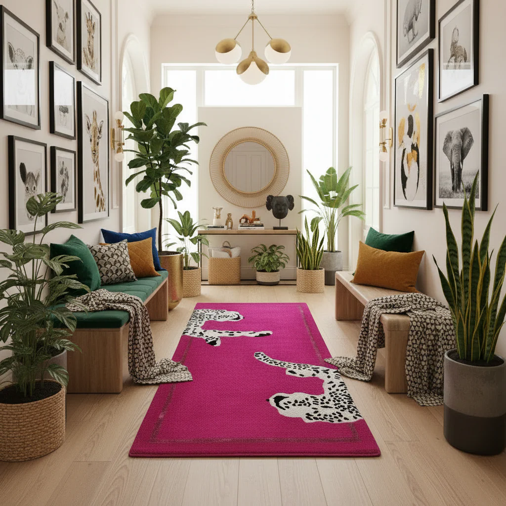 Walking Wild Cat Leopard on Silk Road Hand Tufted Wool Rug - Pink - Image 3