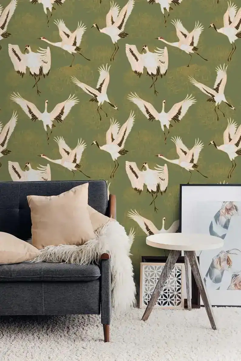 Watercolor Cranes Chinoiserie Wallpaper - Image 6
