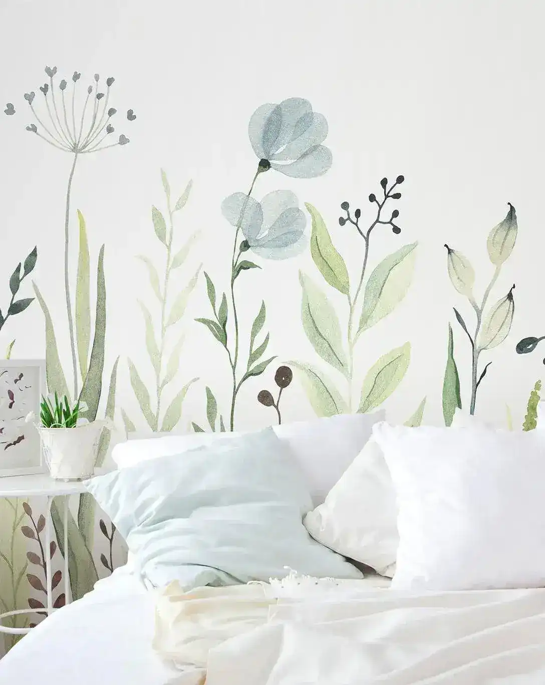 Watercolor Green and Blue Wildflowers Self Adhesive Wall Mural - Image 2