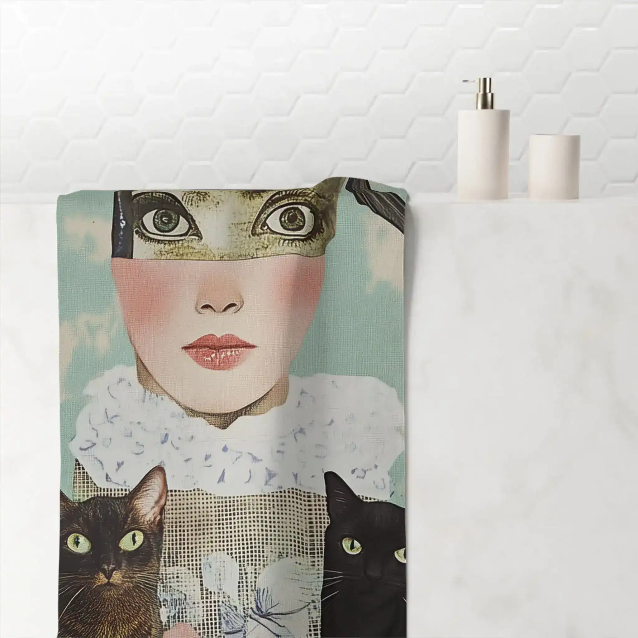 Whimsical Cat and Bird Collage Bath Towel - Image 4