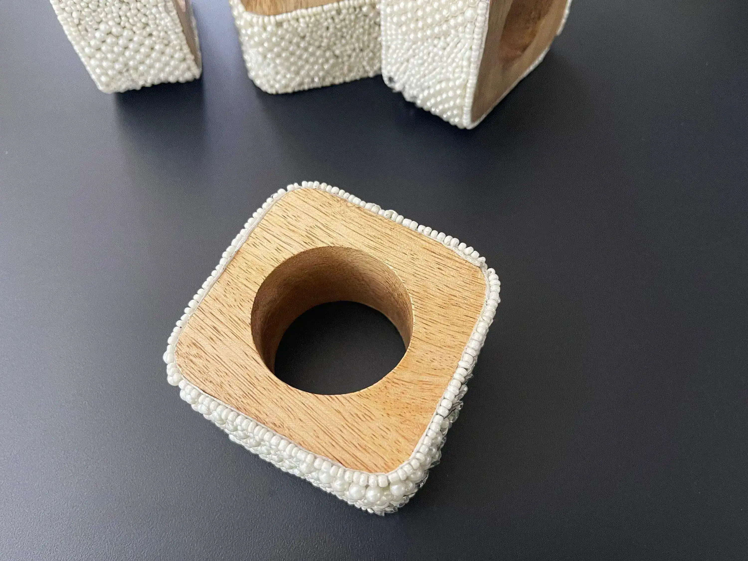 White Beaded and Wooden Napkin Rings - Image 3
