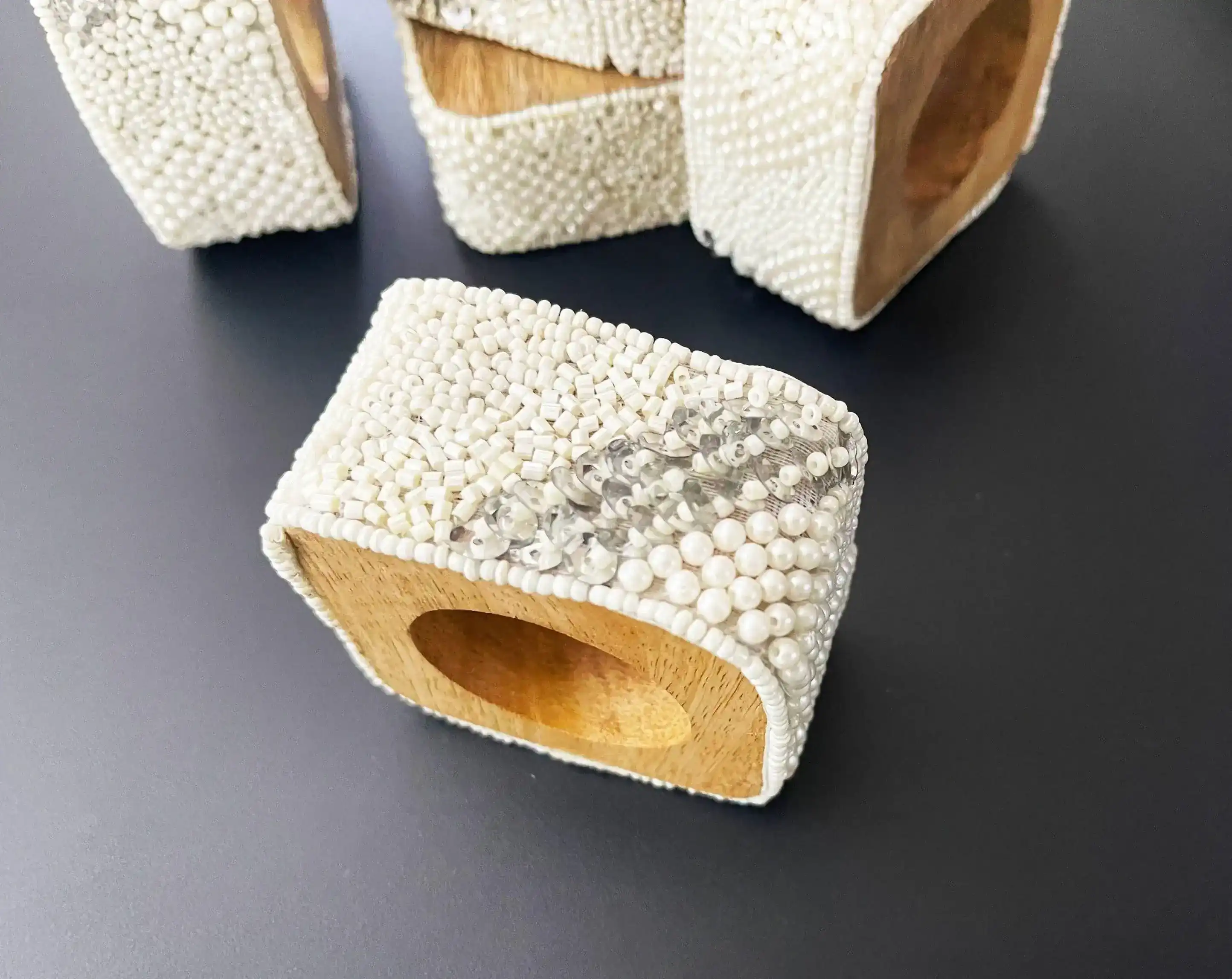 White Beaded and Wooden Napkin Rings - Image 4