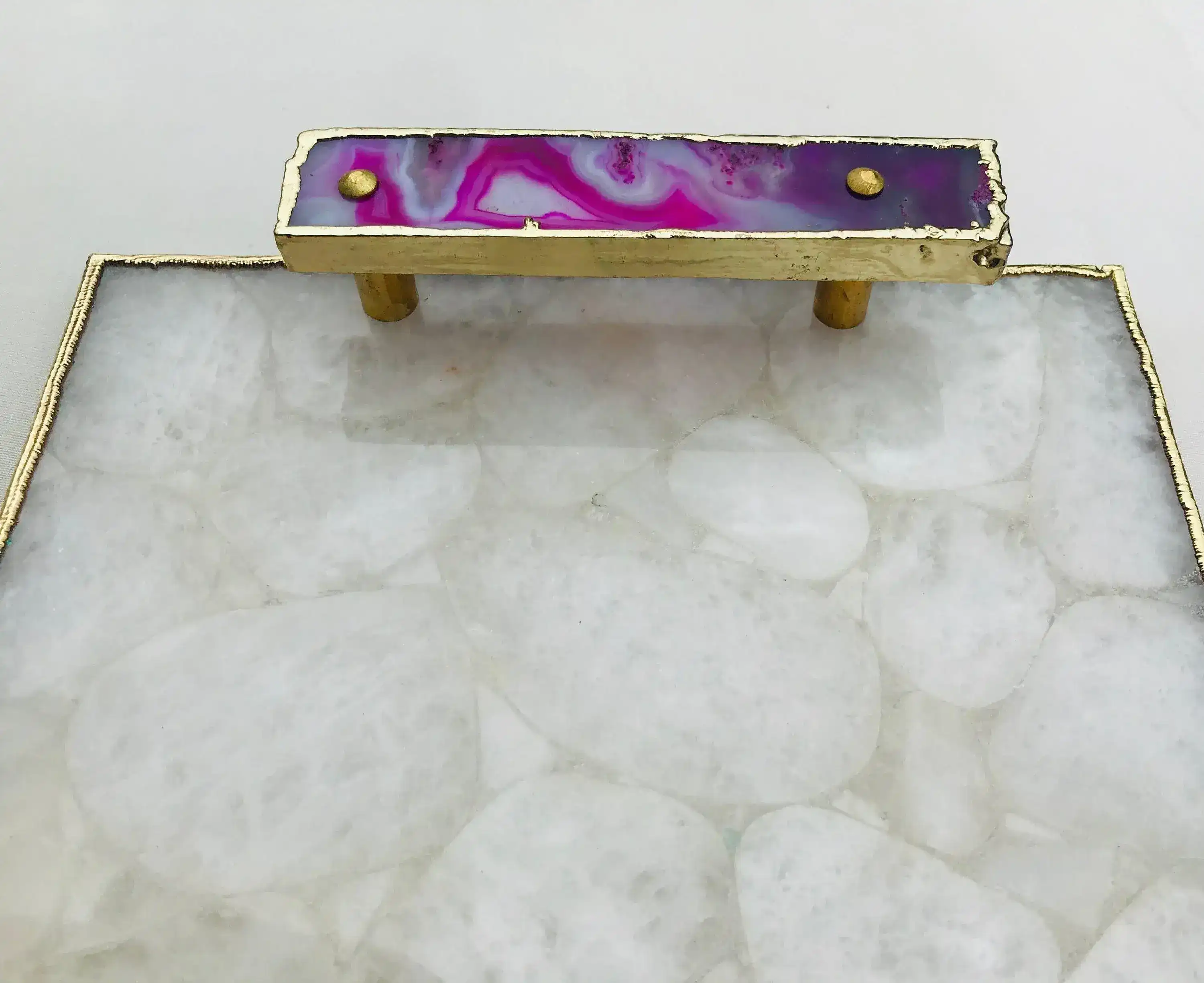 White Crystal Agate Plated Serving Tray With Pink Agate Onyx Handles - Image 3