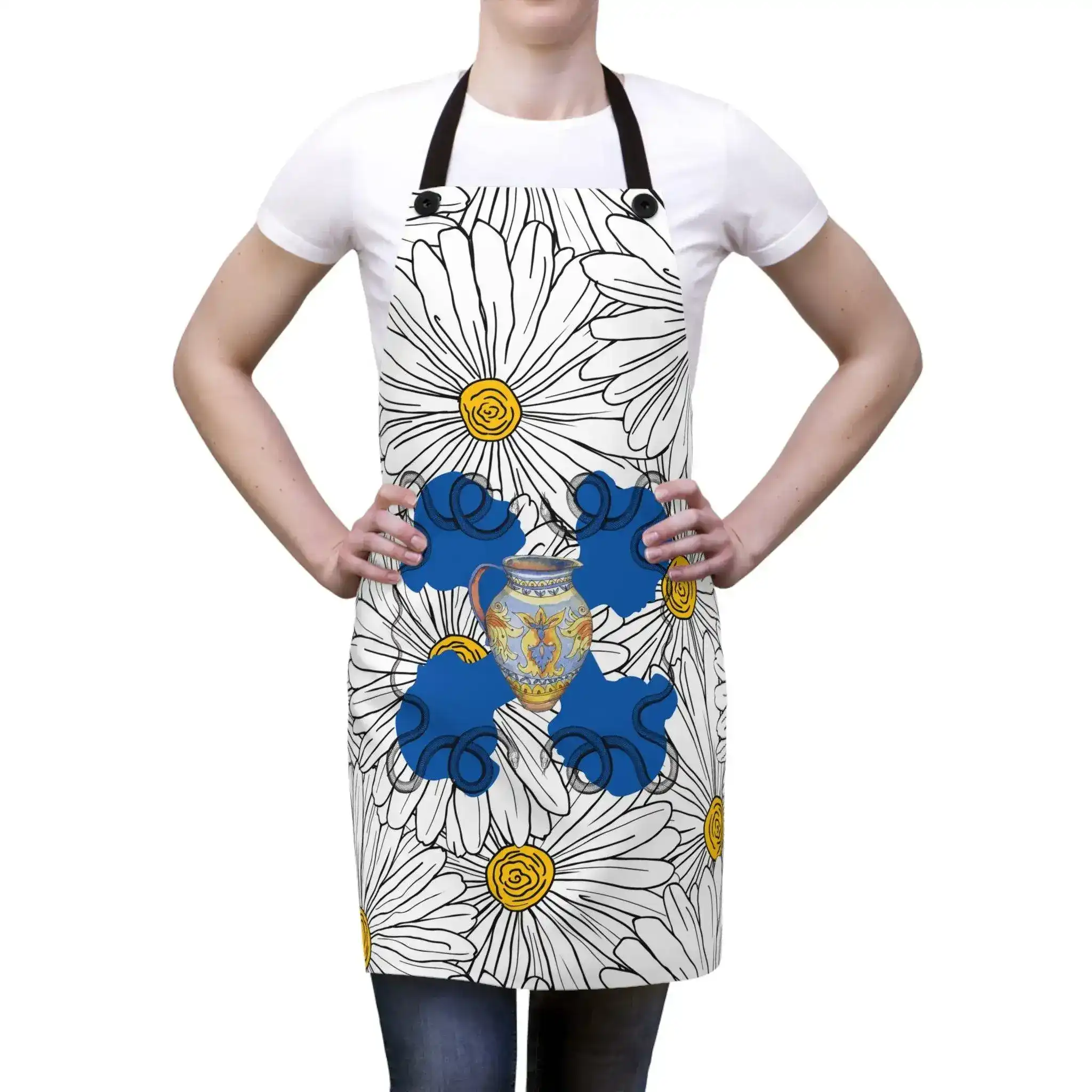 White Daisy Ladies Blue Apron - Image 3