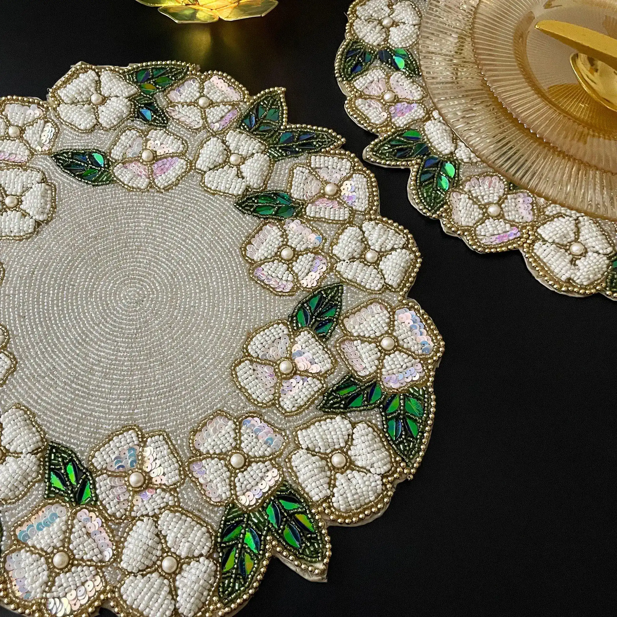 White Flower Beaded Round Placemats - Image 2