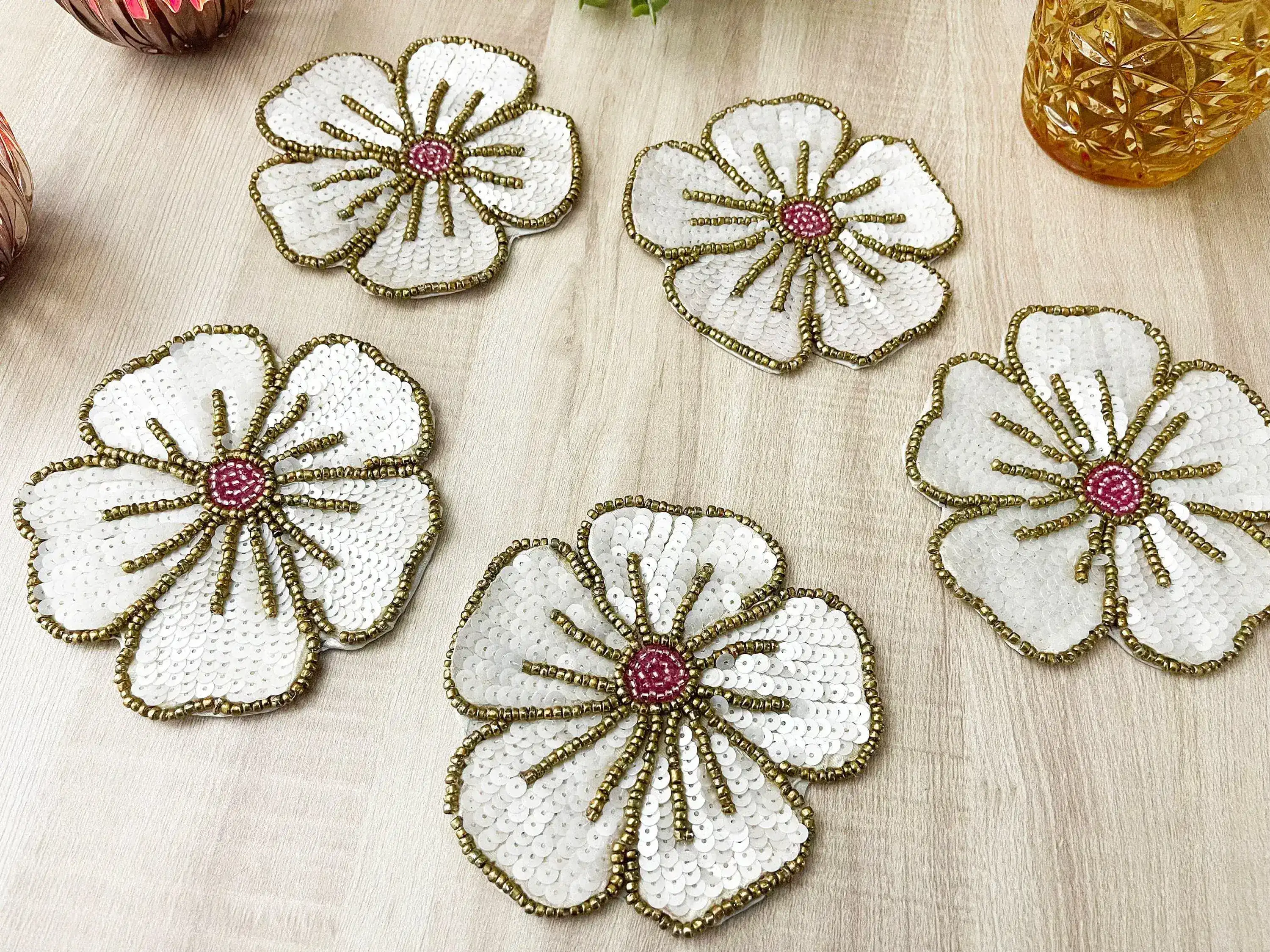 White Gold Floral Beaded Sequin Coasters - Image 5